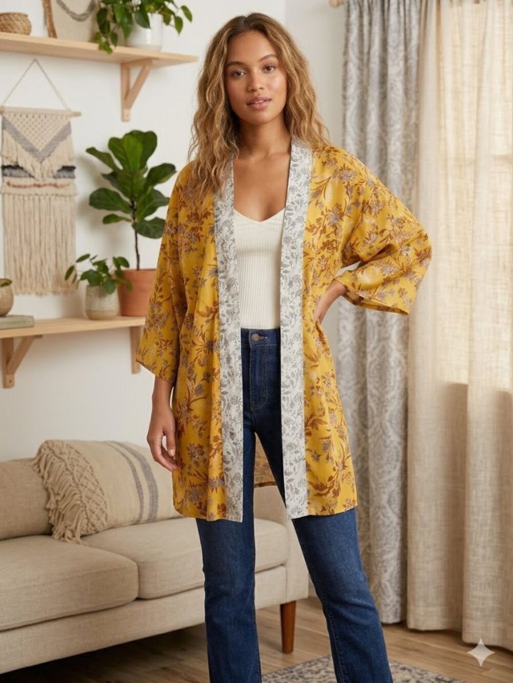 Japna Mustard Yellow Floral Kimono Duster Cardigan S - Picture 2 of 6